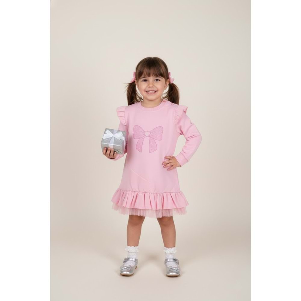 Kız Çocuk Fiyonk Baskılı Elbise - Bebe Pembe - (74/98)