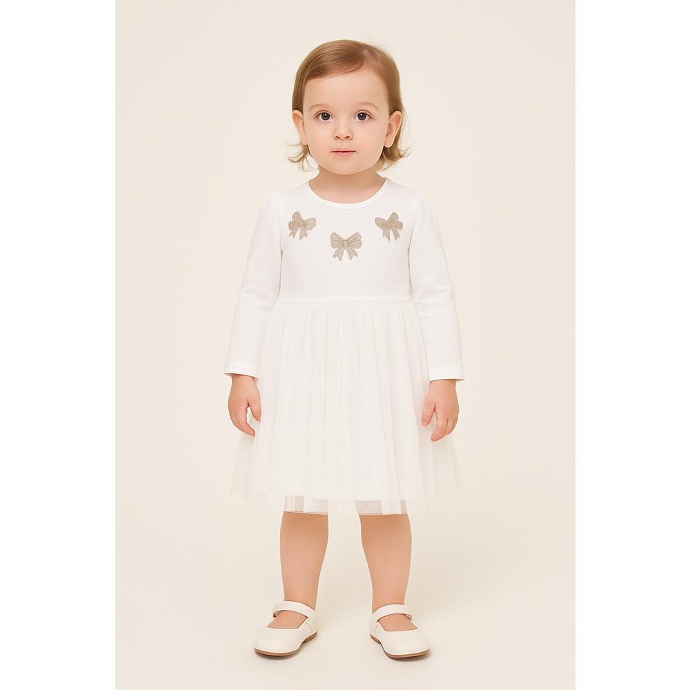 Kız Çocuk Fiyonk Detaylı Elbise - Krem - (86/110)