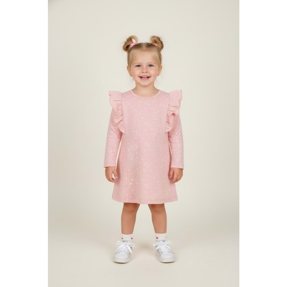 Kız Çocuk Omuz Fırfırlı Elbise - Kedi Kafa Pembe Melanj - (92/116)