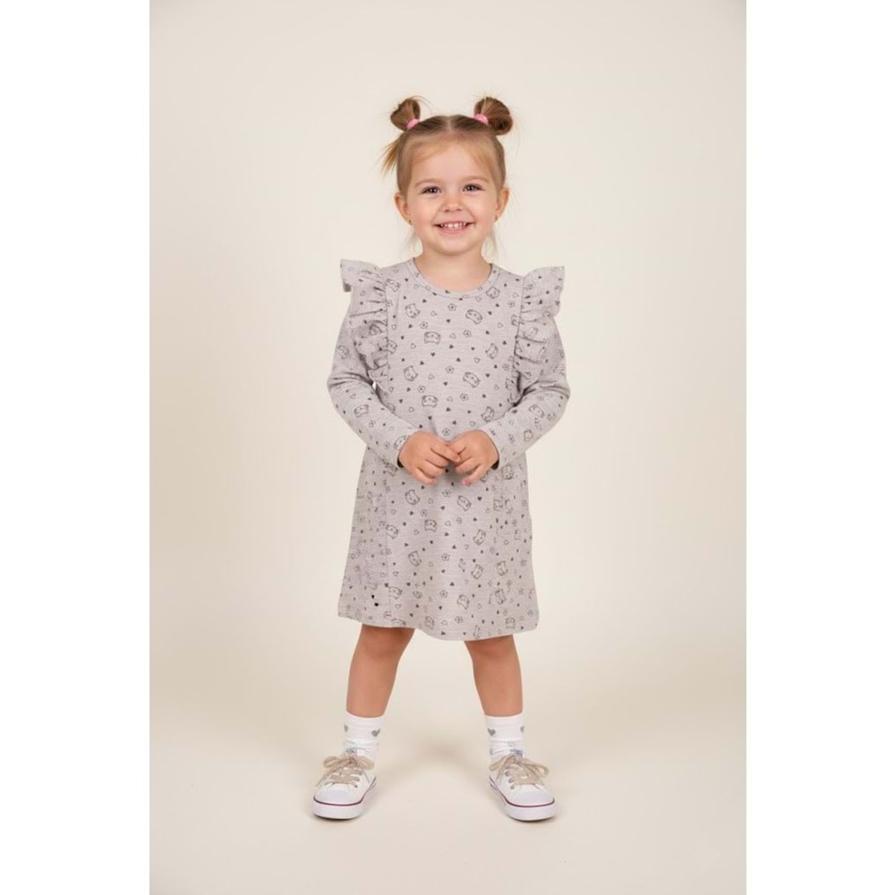 Kız Çocuk Omuz Fırfırlı Elbise - Kahve Melanj - (92/116)