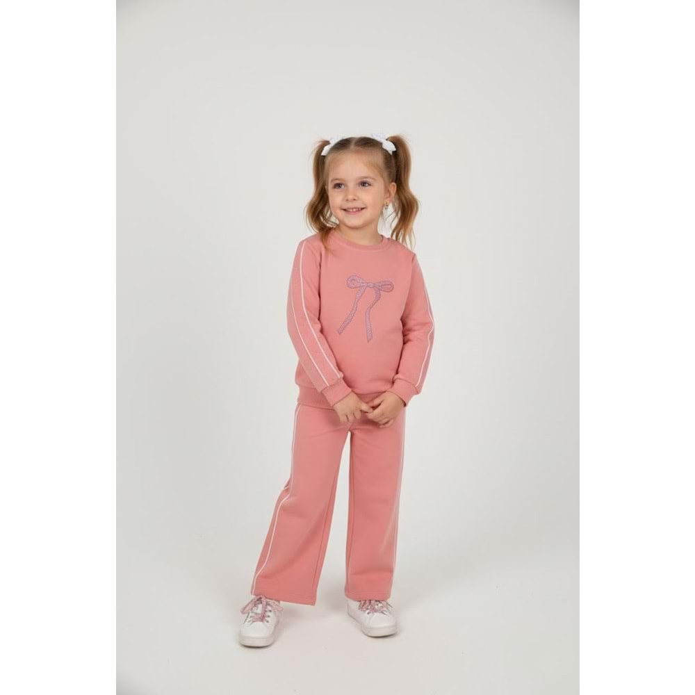 Kız Çocuk Fiyonk Baskılı Takım - Gül Kurusu - (98/122)