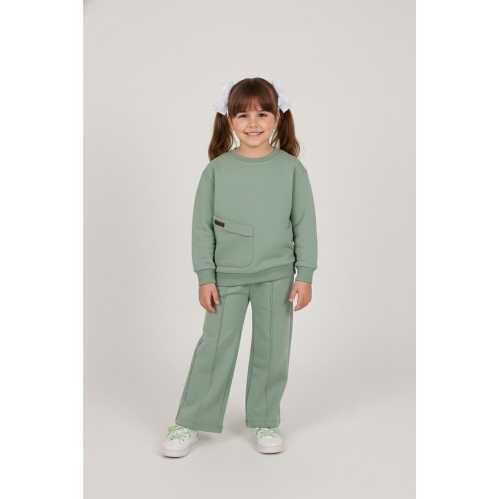 Kız Çocuk Cep Detaylı Takım - Çağla Yeşili - (98/122)