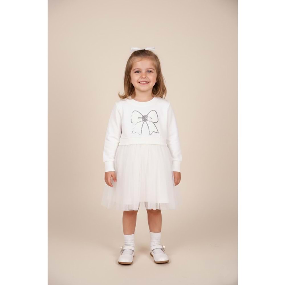 Kız Çocuk Fiyonk Nakışlı Elbise - Krem - (98/122)