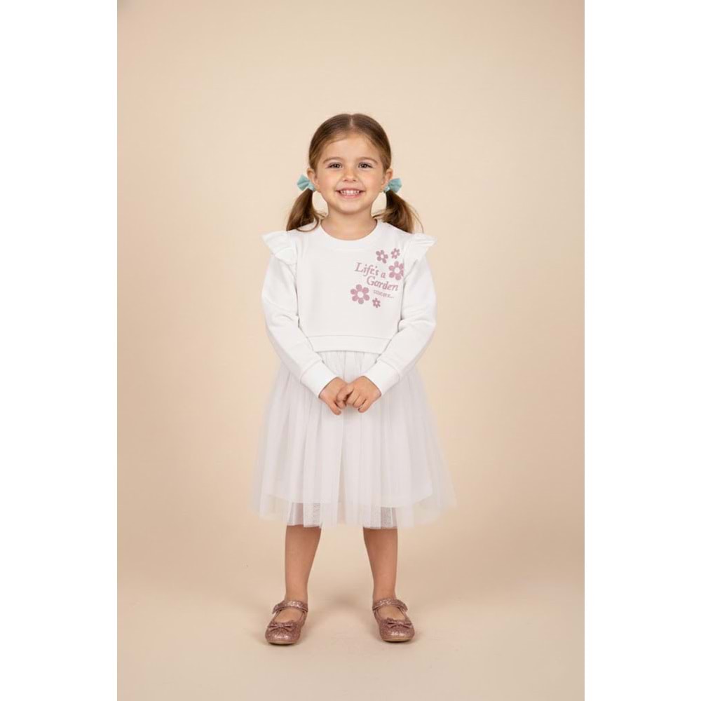 Kız Çocuk Çiçek Baskılı Elbise - Krem - (98/122)