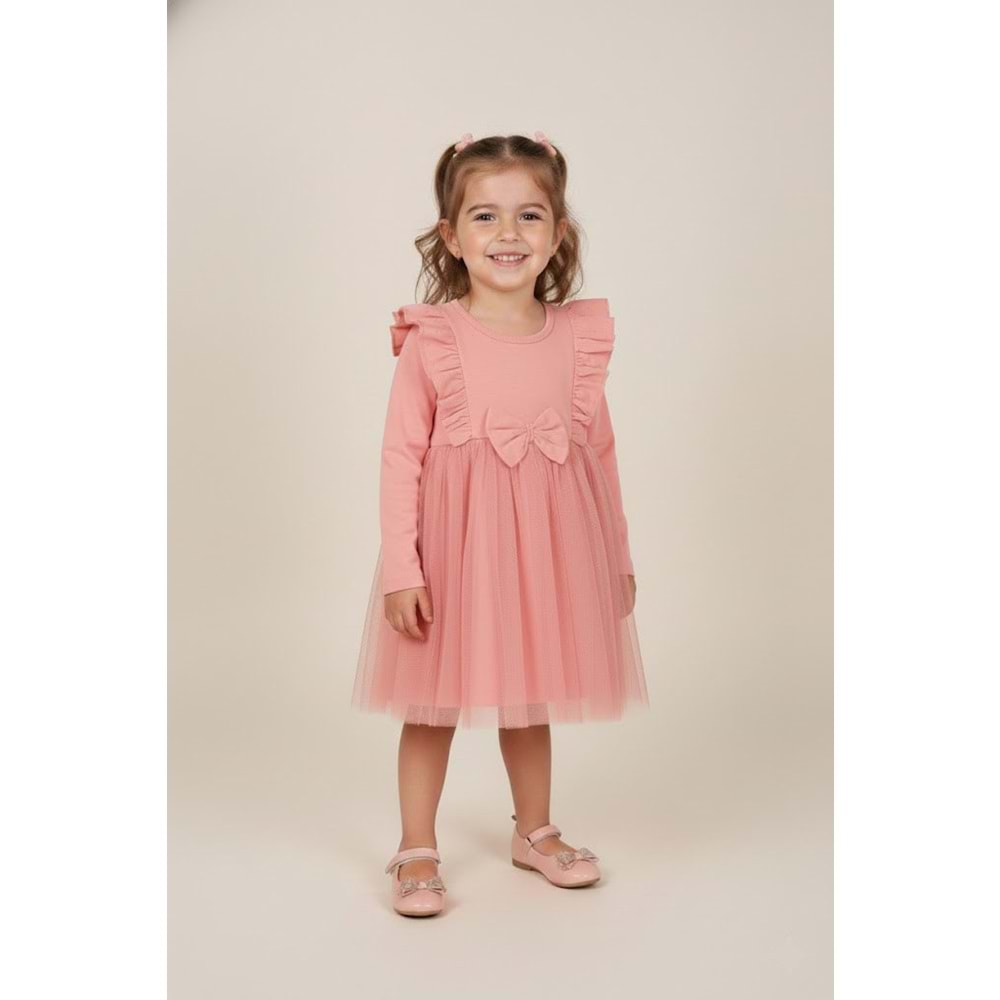 Kız Çocuk Fiyonk Detaylı Elbise - Gül Kurusu - (86/110)