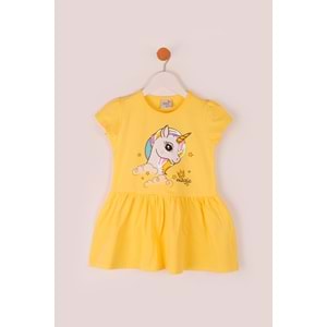 Kız Çocuk Elbise Magic Unicorn Baskılı - Sarı (98/122)