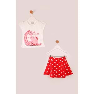 Kız Çocuk Etekli Takım Hi Dino Baskılı - Krem (92/116)