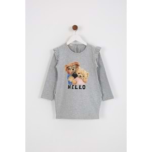 Kız Çocuk Elbise Hello Baskılı - Gri (98/122)