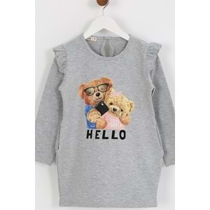 Kız Çocuk Elbise Hello Baskılı - Gri (98/122)