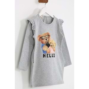 Kız Çocuk Elbise Hello Baskılı - Gri (98/122)