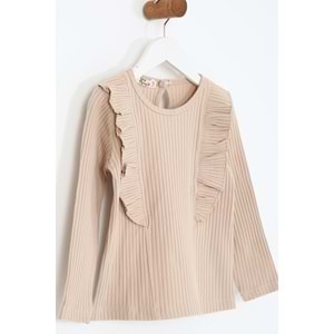 Kız Çocuk Tişört Parçalı Büzgülü - Sütlü Kahve (98/122)