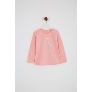 Kız Çocuk Tişört Kedi Baskılı - Yavruağzı (98/122)