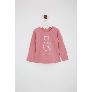 Kız Çocuk Tişört Kedi Baskılı - Gül Kurusu (98/122)