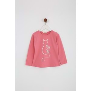 Kız Çocuk Tişört Kedi Baskılı - Şeker Pembe (98/122)