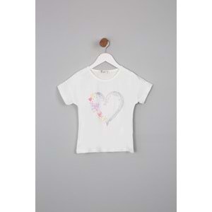 Kız Çocuk Tişört Kalp Baskılı - Krem (116/140)