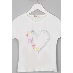 Kız Çocuk Tişört Kalp Baskılı - Krem (116/140)