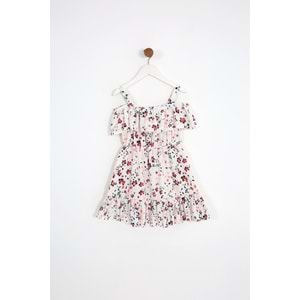 Kız Çocuk Elbise Çiçek Desenli - Krem (104-128)