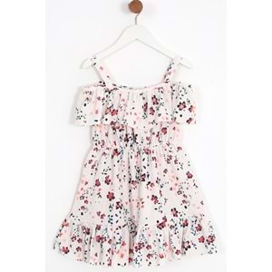 Kız Çocuk Elbise Çiçek Desenli - Krem (104-128)