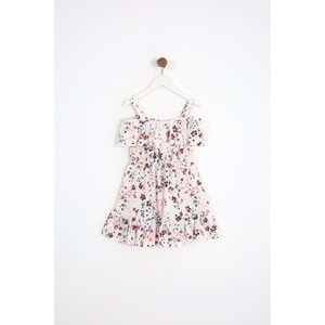 Kız Çocuk Elbise Çiçek Desenli - Krem (104-128)