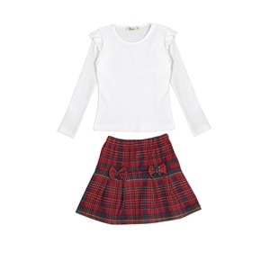Kız Çocuk Etekli Takım Çift Kurdeleli - Krem (104/128)