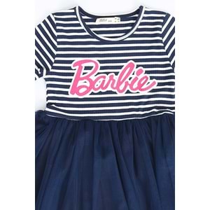 Kız Çocuk Elbise Çizgili Barbie Baskılı - Siyah (104/134)