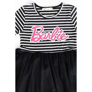 Kız Çocuk Elbise Çizgili Barbie Baskılı - Lacivert (104/134)