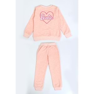 Kız Çocuk Sweat Takım Kalpli Barbie Baskılı - Pembe Melanj (104/134)