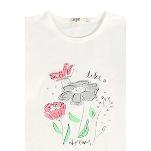 Kız Çocuk Tişört Çiçek Baskılı - Krem (116/140)