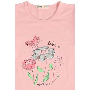 Kız Çocuk Tişört Çiçek Baskılı - Yavruağzı (116/140)