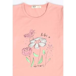 Kız Çocuk Tişört Çiçek Baskılı - Gül Kurusu (116/140)