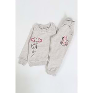 Kız Çocuk Sweat Takım Balonlu Kedi - Kahve Melanj (92/116)