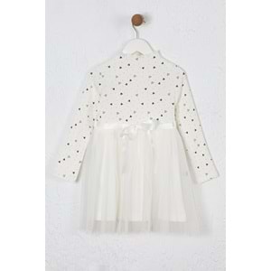 Kız Çocuk Elbise Desenli Kemerli - Krem (98/122)