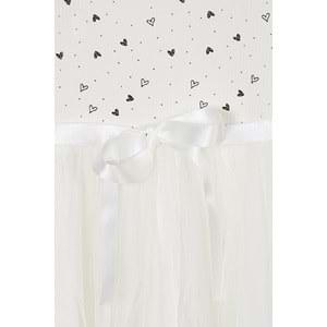 Kız Çocuk Elbise Desenli Kemerli - Krem (98/122)