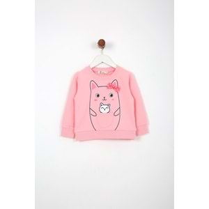 Kız Çocuk Tişört Minik Kedi Baskılı - Yavruağzı (92/116)