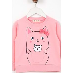 Kız Çocuk Tişört Minik Kedi Baskılı - Yavruağzı (92/116)