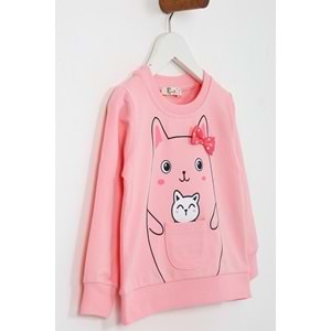 Kız Çocuk Tişört Minik Kedi Baskılı - Yavruağzı (92/116)