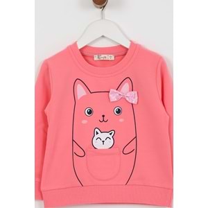 Kız Çocuk Tişört Minik Kedi Baskılı - Şeker Pembe (92/116)