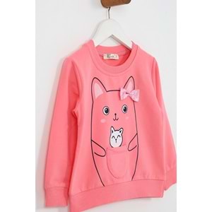 Kız Çocuk Tişört Minik Kedi Baskılı - Şeker Pembe (92/116)