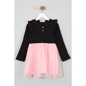 Kız Çocuk Elbise Ahşap Düğmeli - Bebe Pembe (98/122)