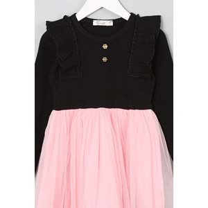 Kız Çocuk Elbise Ahşap Düğmeli - Bebe Pembe (98/122)