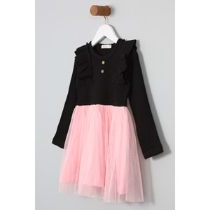 Kız Çocuk Elbise Ahşap Düğmeli - Bebe Pembe (98/122)