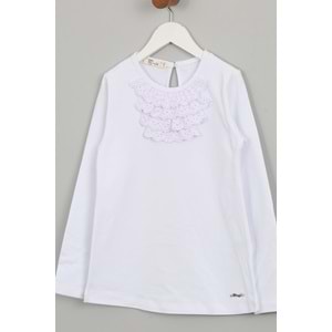 Kız Çocuk Tişört Yakası Dantelli - Beyaz (128/152)