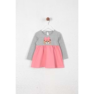 Kız Çocuk Elbise Kurdeleli Ayıcık Baskılı - Gri (86/110)