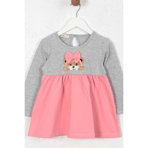 Kız Çocuk Elbise Kurdeleli Ayıcık Baskılı - Gri (86/110)