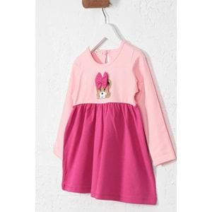 Kız Çocuk Elbise Kurdeleli Ayıcık Baskılı - Bebe Pembe (86/110)