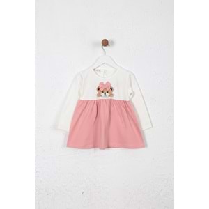 Kız Çocuk Elbise Kurdeleli Ayıcık Baskılı - Krem (86/110)