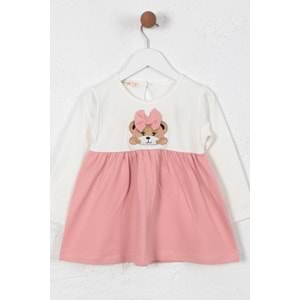 Kız Çocuk Elbise Kurdeleli Ayıcık Baskılı - Krem (86/110)