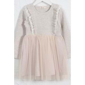 Kız Çocuk Elbise Çift Fırfırlı - Kahve Melanj (98/122)