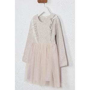 Kız Çocuk Elbise Çift Fırfırlı - Kahve Melanj (98/122)