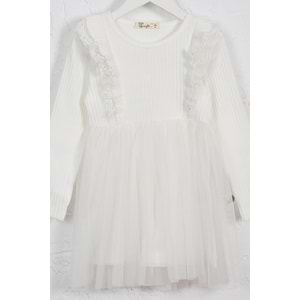 Kız Çocuk Elbise Çift Fırfırlı - Krem (98/122)